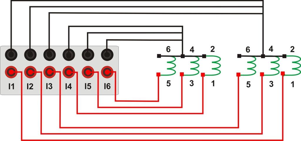 2 Bobinas de Corrente Para estabelecer a conexão das bobinas de corrente, ligue os canais I1, I2 e I3 com os pinos 1, 3 e 5 do terminal do relé (módulo X032) e os comuns aos