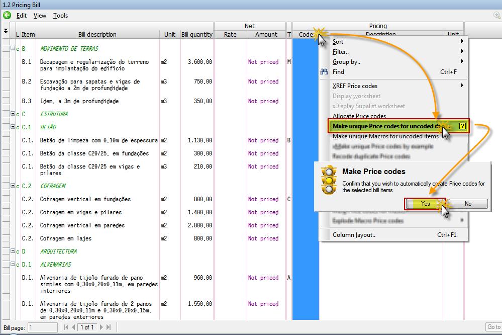 8. Clicar com o botão direito do rato sobre o título da coluna Price Code (Cód.