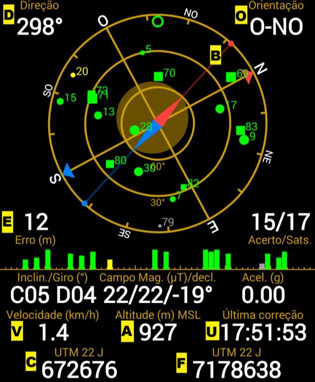 Informativo 2 Como usar seu app GPS Status & Toolbox (D) Direção: em azimute para onde o smartphone está apontado (sentido horário em relação ao Norte geográfico).