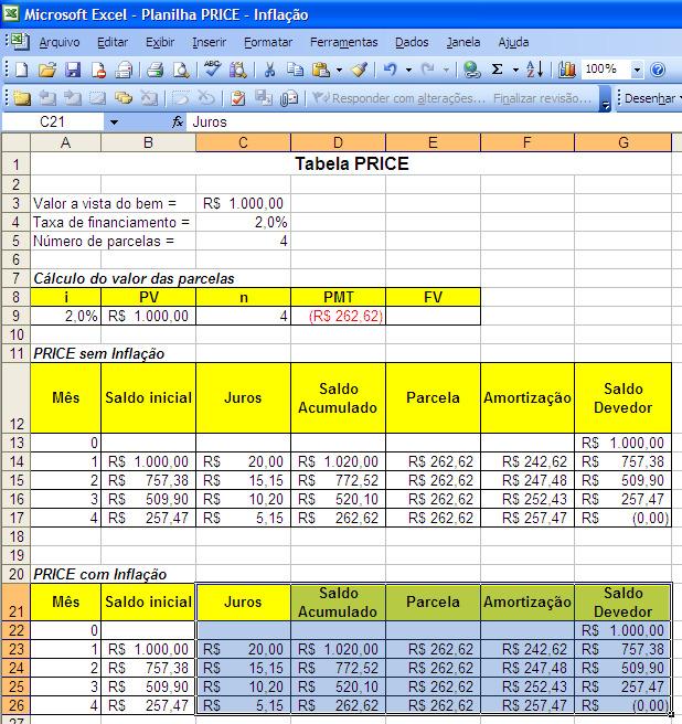 Tabela PRICE com correção Utilizar o comado ctrl+x