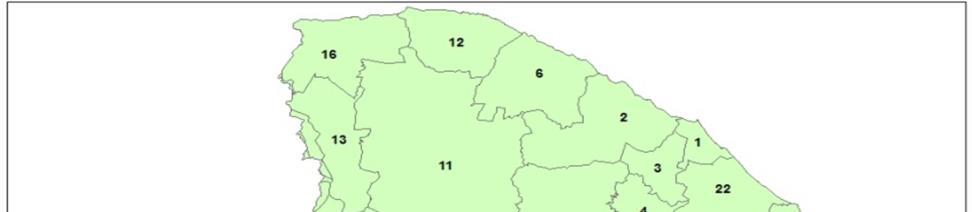 No que se refere à unidade de análise o estudo aborda as regiões de saúde do estado e seus municípios, a regionalização do Ceará contempla 22 regiões de saúde (Figura 1) e cinco macrorregiões de