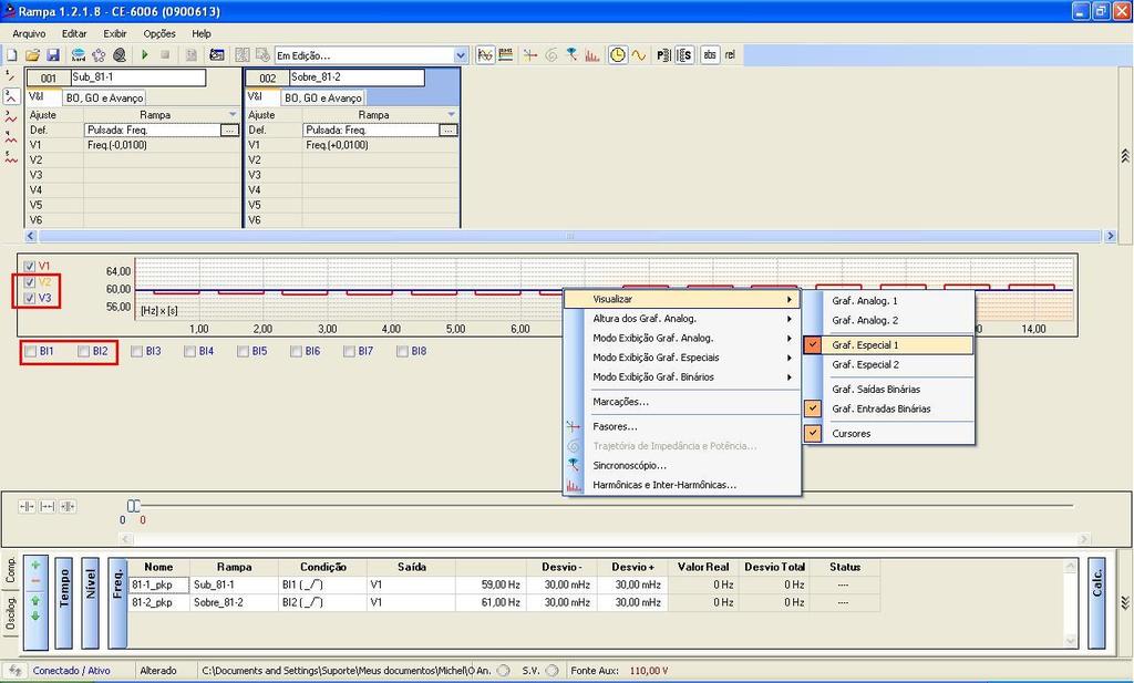 6.6 Ajustando gráficos Clique com o botão direito do mouse sobre o gráfico da tensão. Clique em visualizar e deixe apenas as opções Graf. Analog.01, "Graf. Entradas Binárias e Cursores" habilitados.