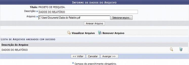 7.Anexar Arquivos Nesta tela devem ser anexados os arquivos de uma Ação. OBSERVAÇÃO: Os dados informados só são cadastrados na base de dados quando clica-se em "Avançar >>".