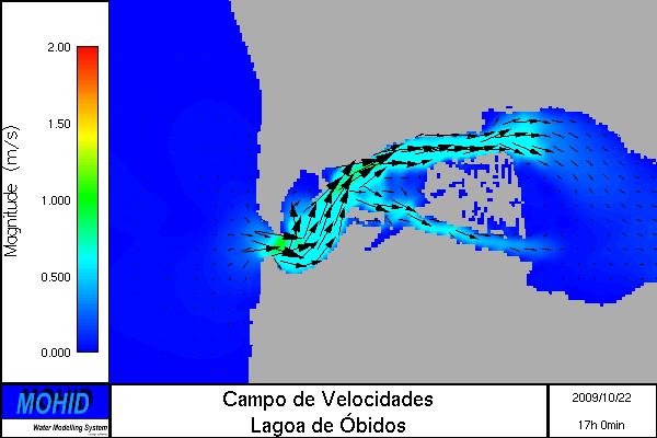 Figura 8. Campo de velocidades na Lagoa de Óbidos em máxima enchente no dia da campanha. Figura 9. Campo de velocidades na Lagoa de Óbidos em máxima vazante no dia da campanha.