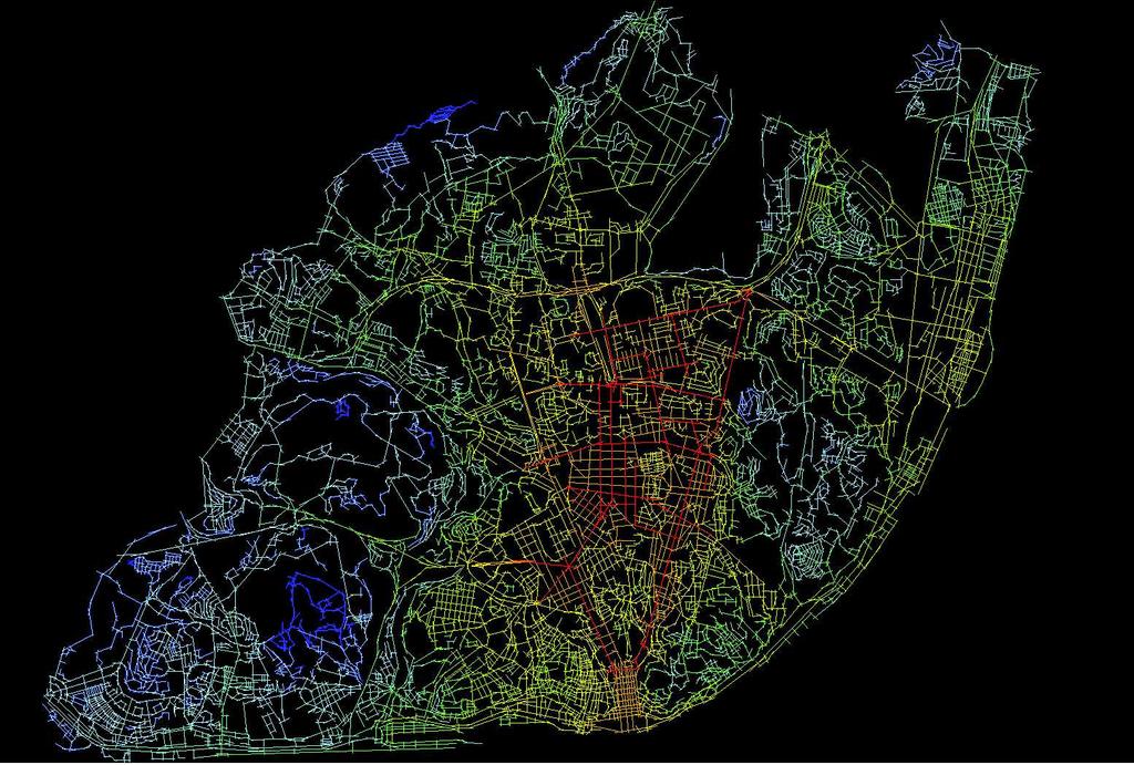 Forma e Paisagem Urbana de Lisboa Figura 1a Integração global das ruas. Mapa mostrando a integração global do sistema de ruas de Lisboa.