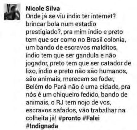 4. ANÁLISE No dia 21/08/2015, um perfil nomeado Nicole Silva, dentro do site de rede social Facebook, publicou um comentário na página ( Campeão dos campeões ) da torcida do time Paysandu, clube