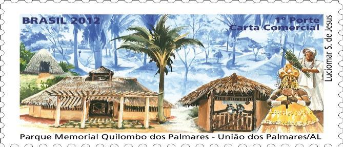 Sobre o Selo: O selo retrata, ao fundo em azul, uma panorâmica do primeiro e único parque temático sobre a cultura negra do País Parque Memorial Quilombo dos Palmares, localizado na Serra da Barriga,