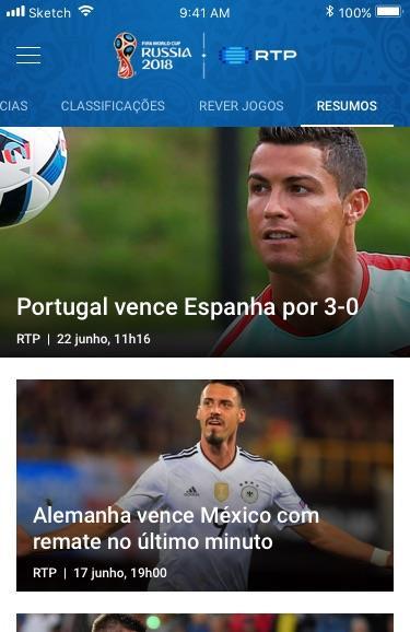 APP MUNDIAL RUSSIA 2018 Transmissão dos jogos emitidos pela RTP com multicanal Alertas para golos Alertas para inicio dos