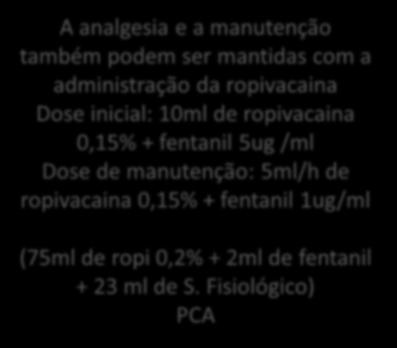 + fentanil 5ug /ml Dose de manutenção: 5ml/h de ropivacaina 0,15% +
