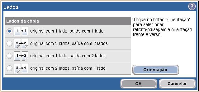 Quando o processamento da cópia estiver concluído, a copiadora retornará ao estado Pronto. 7 Toque no ícone Início para retornar ao menu principal. Duplexar um trabalho de cópia 1 Toque em Cópia.