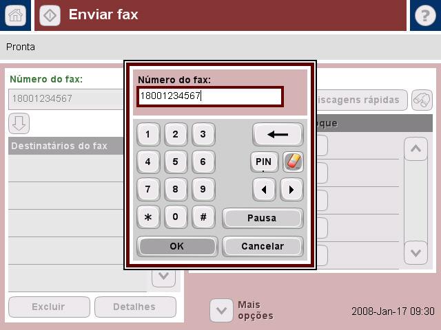 Enviar um fax inserindo os números manualmente 1 Coloque o documento voltado para baixo sobre o vidro do scanner ou voltado para cima no AAD. 2 Na tela principal, toque no ícone Fax.