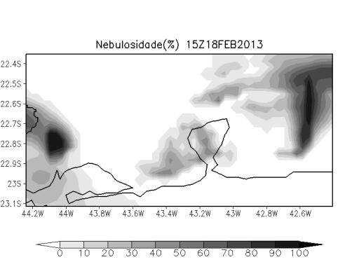 34 Na Figura 11, é apresentado o campo de nebulosidade simulado pelo modelo WRF na grade 2, com 4 km de resolução espacial.