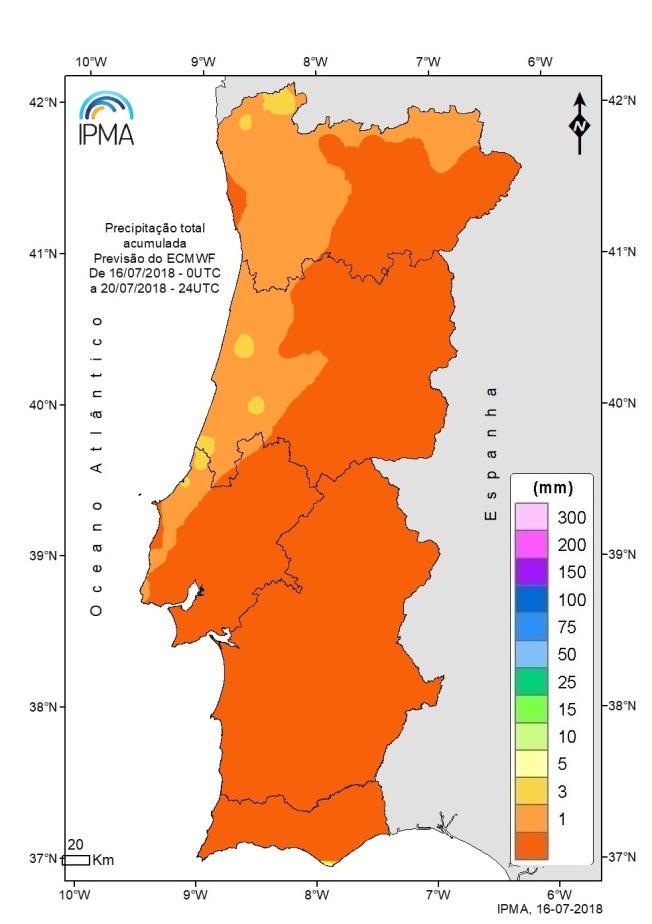 Figura 7 - Percentagem de água no solo (média 0-100 cm profundidade), em relação à capacidade de água utilizável pelas plantas a 30 de junho de 2018, 00 UTC t+0, ECMWF-HRES (resolução 16 km).
