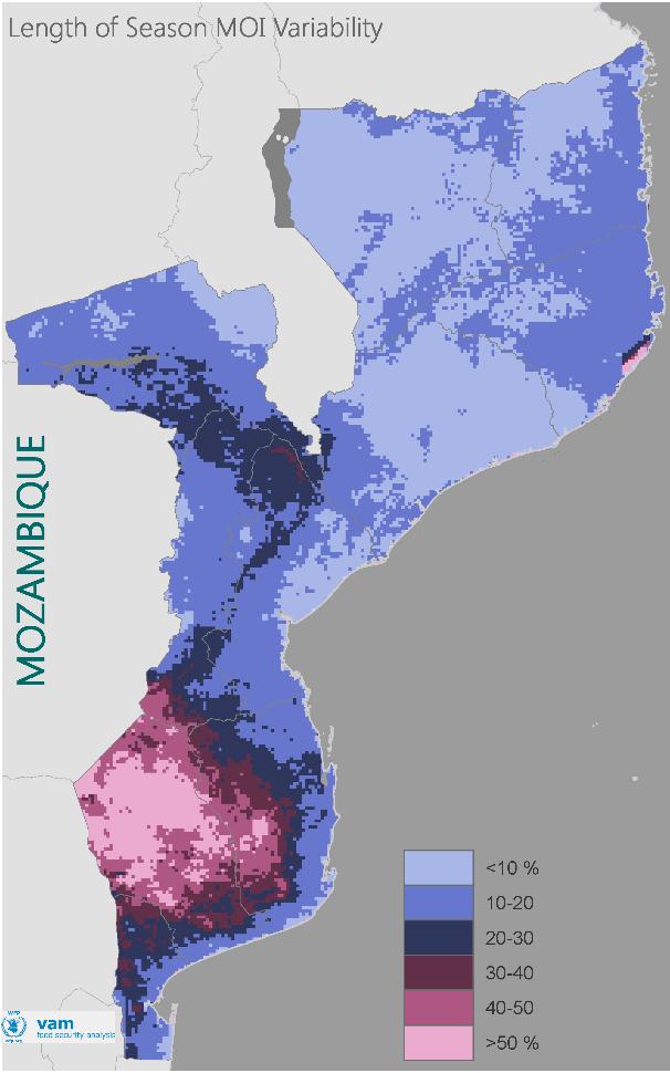 Duração da estação de crescimento: Variação e tendência Conforme previsto para zonas relativamente secas, a duração da estação de crescimento (LGS) é muito mais variável em Gaza e partes de Inhambane