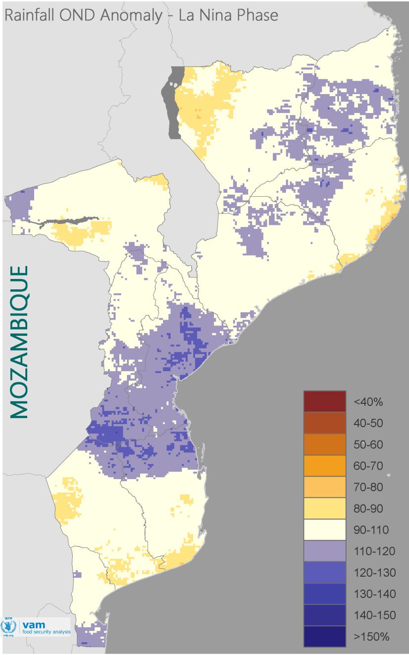 Impacto do La Niña: Pluviosidade No caso do La Niña, o quadro inverte-se, porque a pluviosidade nesta fase da ENSO tende a ser superior à das estações neutras. Em OND (Fig.