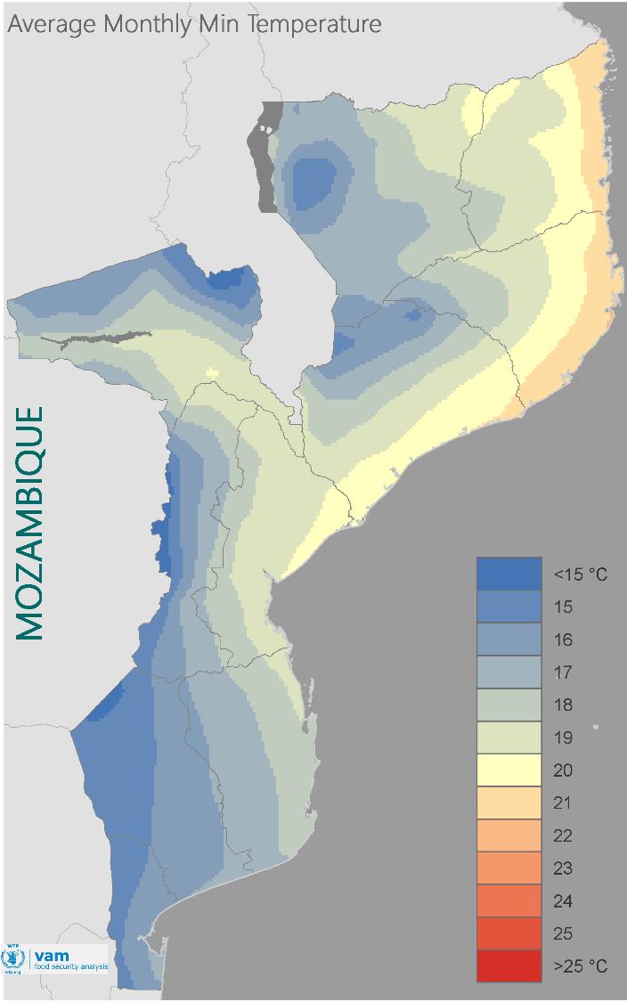 Temperatura: Média de longo prazo As médias de longo prazo da T máx. (Fig. 40a) apresentam valores mais elevados na metade sul da província de Tete.