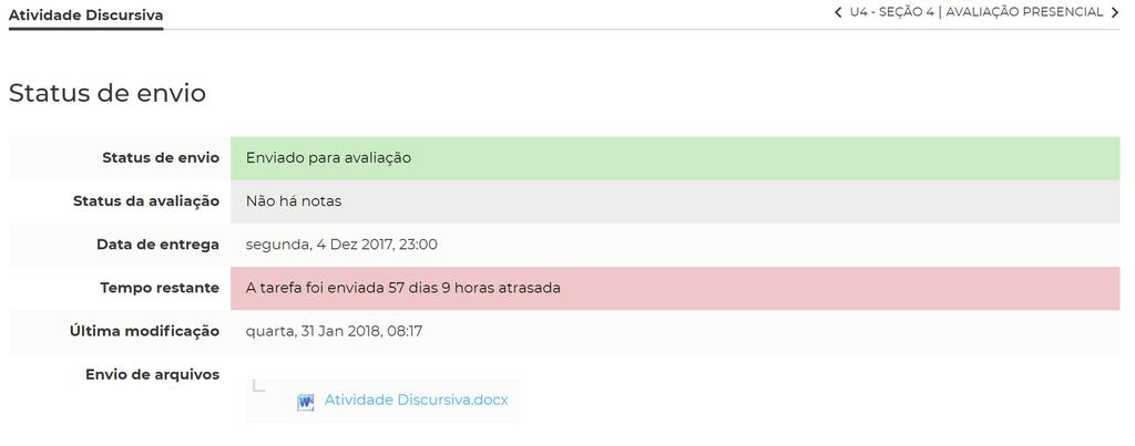 Pronto! Sua atividade discursiva foi enviada e o status muda para Enviado para avaliação. Após o envio do arquivo não será possível editar o mesmo.