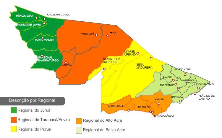 2. Características Gerais do Estado do Acre Figura 03 Regionais e Municípios do Estado do Acre v 16.412.373,90 hectares; v 5 regionais; v 22 municípios; v 816.