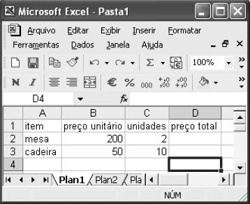 A figura abaixo mostra uma janela do Excel 2002, com uma planilha em processo de edição.