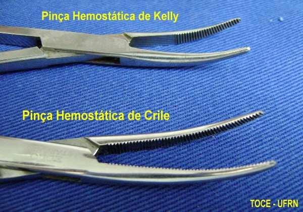 As pinças hemostáticas mais freqüentemente utilizadas na nossa rotina são: Pinça de Crile Possuem ranhuras transversais em toda a extensão da sua parte prensora.