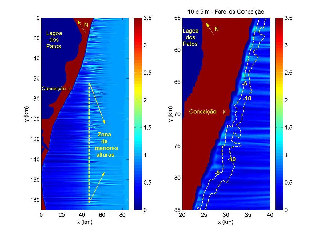 A B Figura 17 a) Representação da zona onde menores alturas de onda foram calculadas por todos os modelos. b) Fisiografia da batimetria da plataforma interna da área estudada.