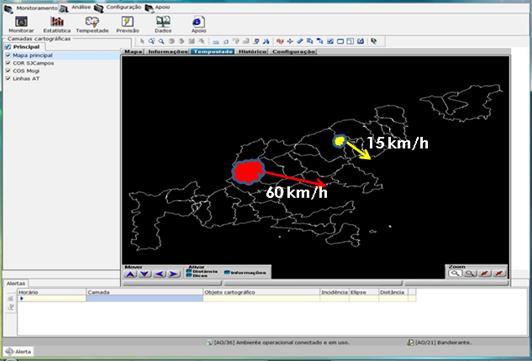 A Figura 2 mostra uma aplicação que permite acompanhar e avaliar a severidade de uma tempestade (indicada pela cor da área rastreada), bem como a estimação de seu deslocamento (indicado através da