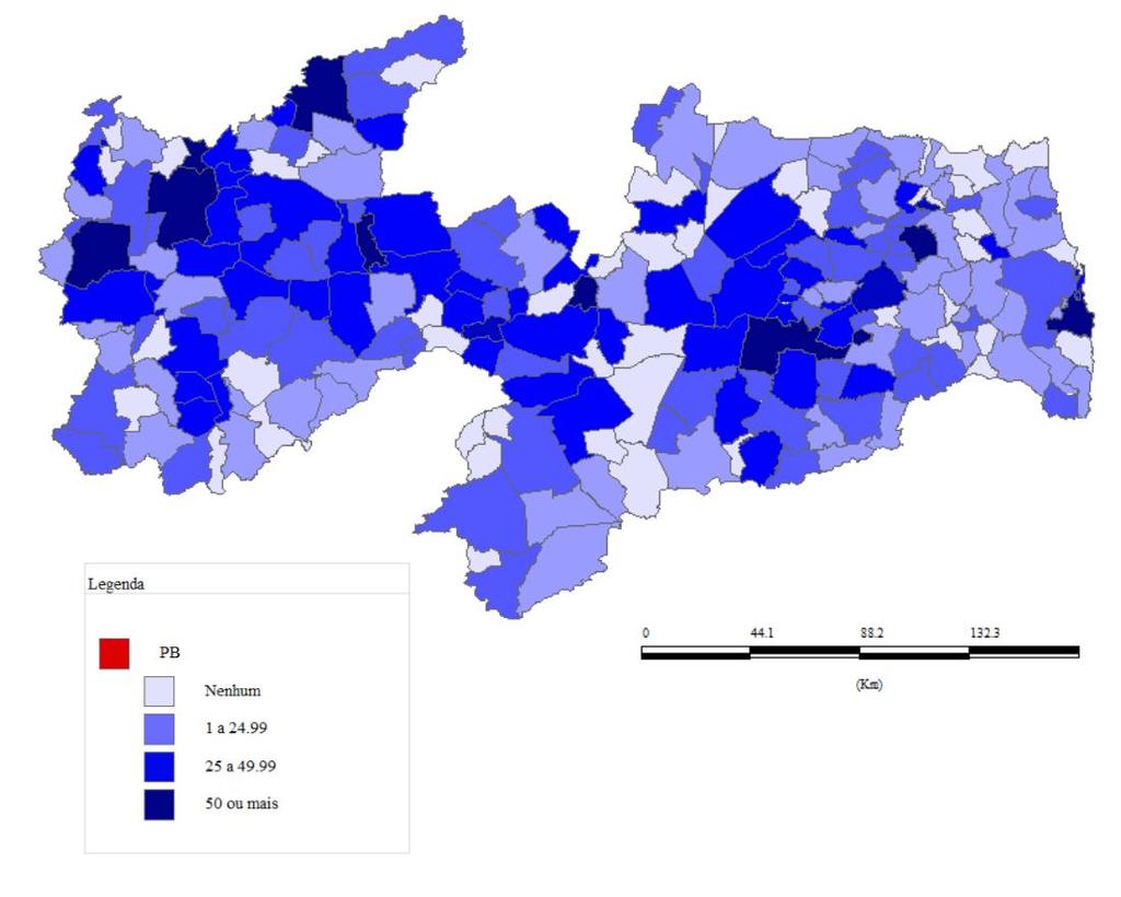 MAPA 1: Taxa de Incidência da TB/100 mil habitantes nos municípios paraibanos ao longo dos anos, 2013-2016, Paraíba, Brasil. Fonte: SINAN, 2018. Elaboração: Autores, 2018.