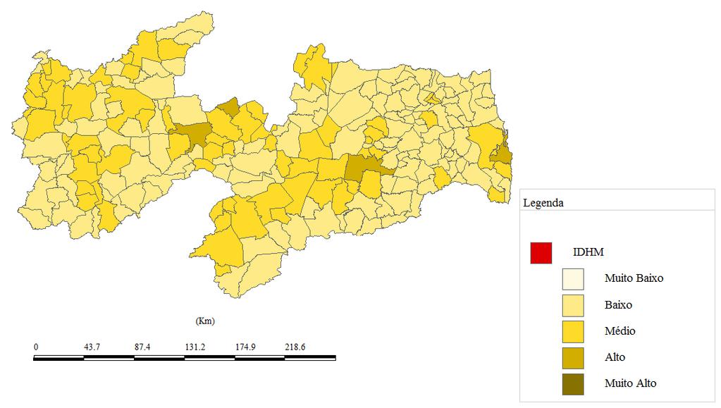 Mapa 2: Classificação dos municípios de acordo com o IDHM, Paraíba, Brasil. Fonte: Atlas Brasil, 2013. Elaboração: Autores, 2018.