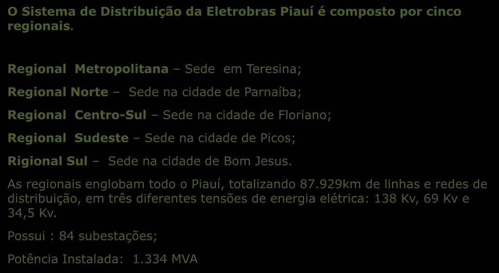 QUEM SOMOS O Sistema. de Distribuição da Eletrobras Piauí é composto por cinco regionais.