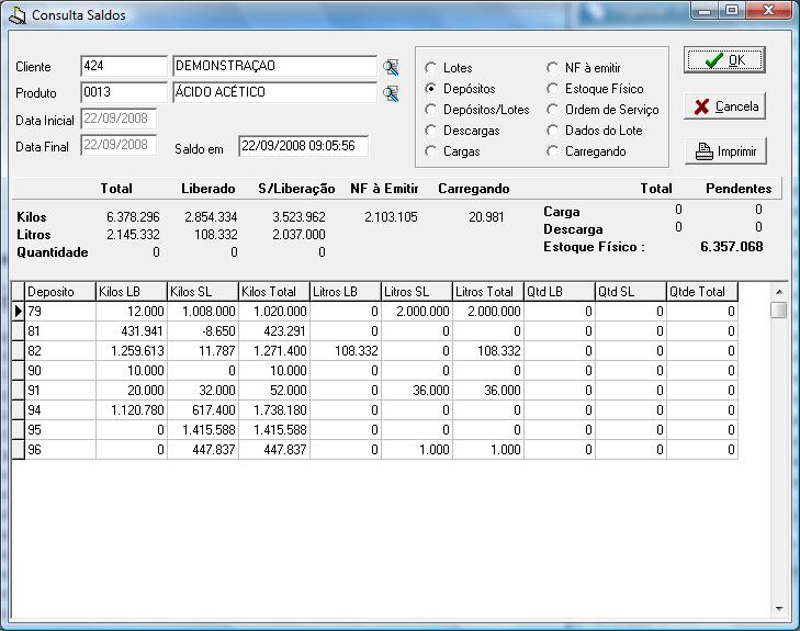 Produto: Data Inicial: Data Final: Saldo em: Kilos: Litros: Quantidade: Carga: Descarga: Estoque físico: 2 Código e ou nome fantasia do produto Período inicial da consulta.