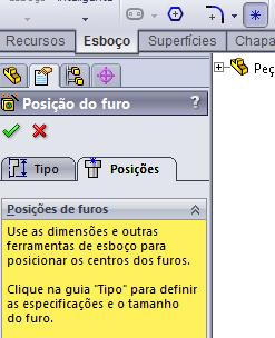 2 Observe que o Command Manager mostrará a ativação da inserção de pontos. 1 Clique. Adicione quatro furos concêntricos com as arestas dos filetes.