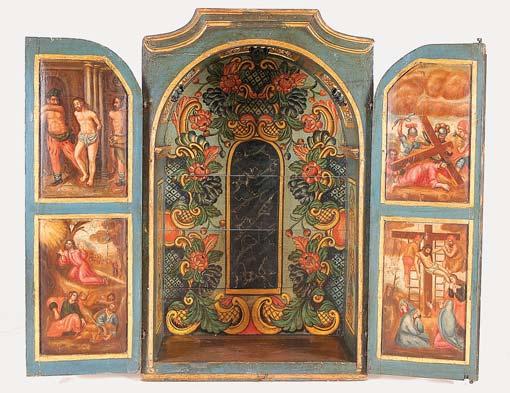 625 188 ORATÓRIO, madeira entalhada, pintada e dourada, painéis das portas cenas da Paixão de