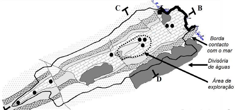 113 M-2-2 L-2-3 I-4-1 B-8-3 C-7-1 D-7-1 Figura 5.2 - Mapa geológico delimitado pela divisória de águas e borda contato com o mar, na que se situa a exploração mineira e os poços de observação.