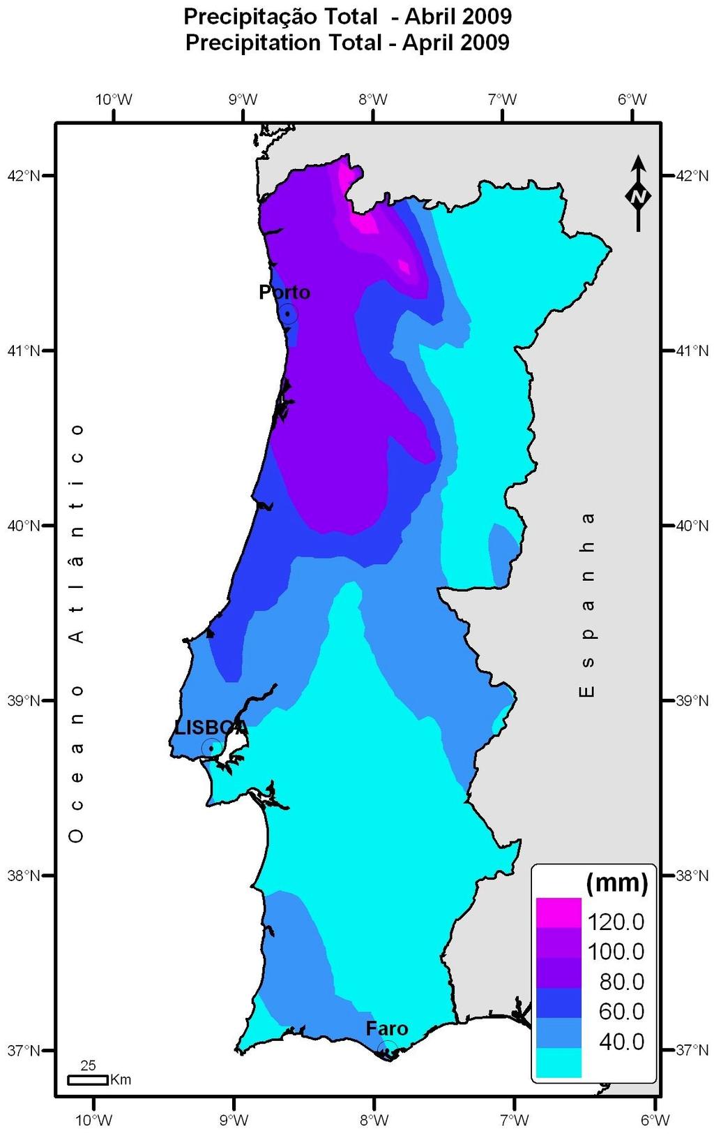 2. Precipitação Total A média regional da quantidade de precipitação em Portugal Continental foi inferior ao valor médio (1971-2000) para o mês, classificando-se Abril como um mês normal a seco,