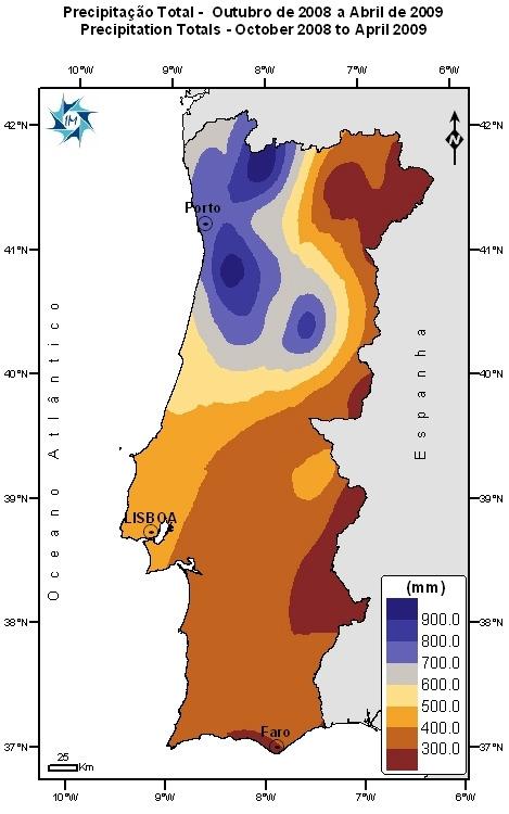 2.1. Precipitação acumulada desde 1 de Outubro de 2008 Os valores da quantidade de precipitação acumulada no período entre 1 de Outubro de 2008 e 30 de