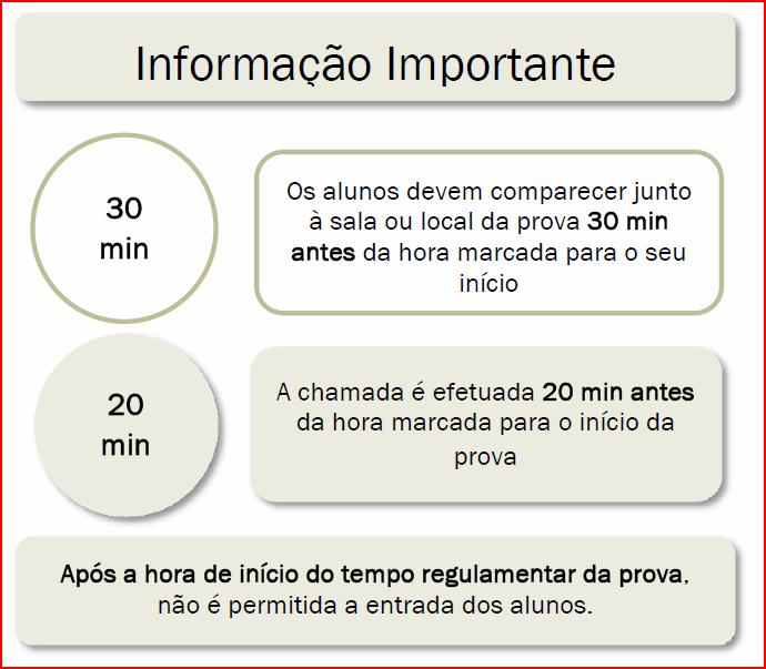 Os alunos que se apresentam na sala de realização da prova após o início do tempo regulamentar não podem realizar a prova ou exame.