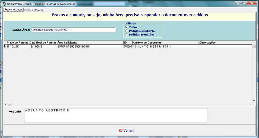 Tela - Prazos de Retornos de Documentos Aba Prazos a Cumprir Visualiza documentos com