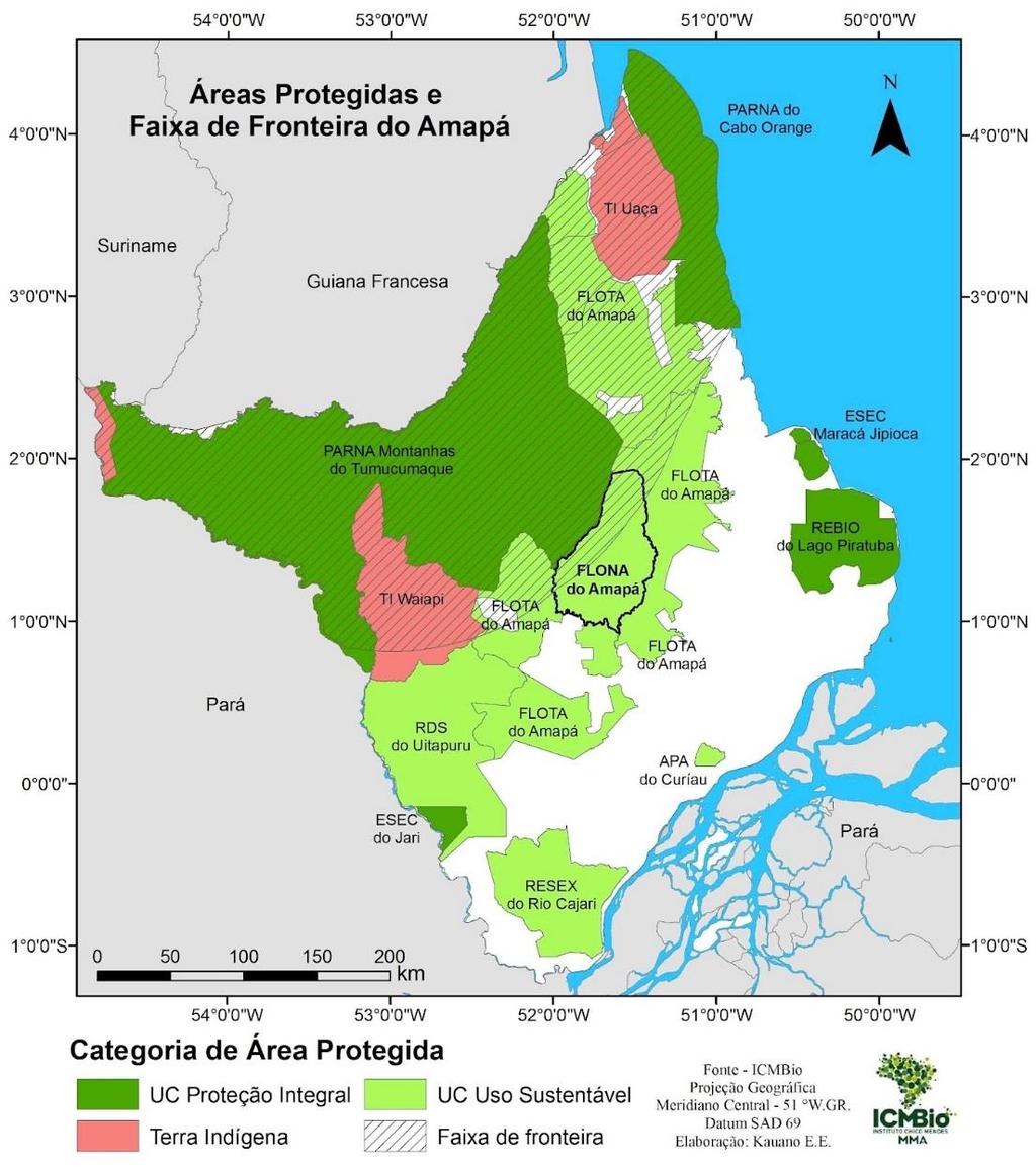 20 08 Rio Falsino 00 58' 23,13'' -51 35' 51,89'' A rede hidrográfica da FLONA do AP é constituída pela bacia do rio Araguari que se caracteriza por ser um rio de planalto, contornada pelos rios