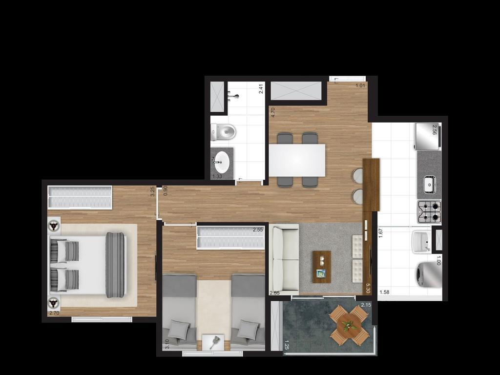 Planta Tipo 51m²* - 2 dorms.