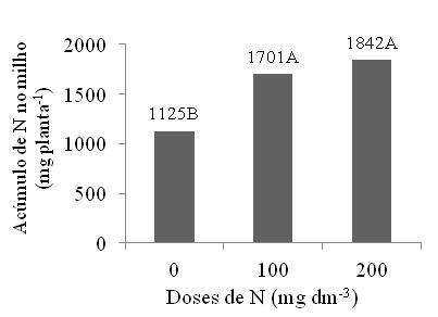 Com a aplicação de 100 mg dm - ³ de N, com nitrato de amônio, houve um aumento de cerca de 50 % nas quantidades acumuladas de N no milho em relação ao controle.