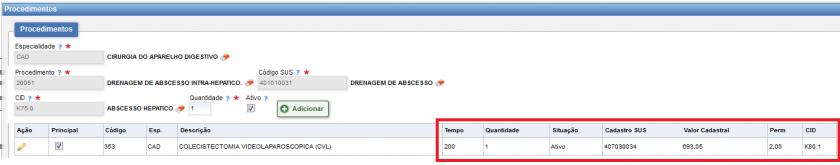 O sistema irá inserir e/ou atualizar as informações do procedimento na a tabela.