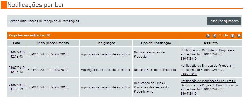 As Notificações por Ler, são notificações direccionadas ao utilizador que as recepciona. Para as ler, bastará clicar-se sobre o Assunto de cada notificação.