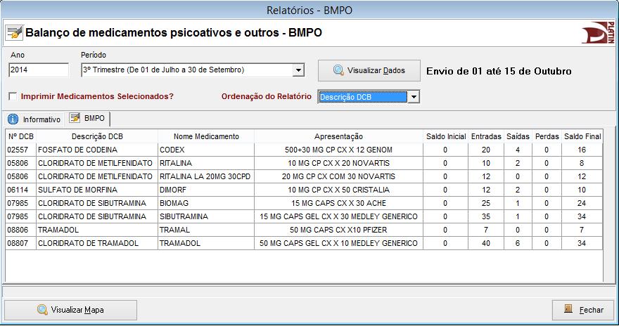 1.2) Para visualizar os dados que serão gerados no BMPO selecione o período a ser gerado e clique em, os dados apresentados na tela poderão ser ordenados, para gerar em ordem de descrição do DCB,