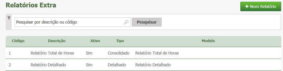 1. Relatórios Extra Permite criar relatórios personalizados, a fim de gerar um relatório de acordo com a configuração do cliente. Criar Para adicionar um novo relatório, clique em Novo Relatório.