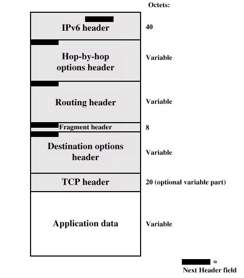 IP 47 IPv6 protocolo Cabeçalho IPv6 Cabeçalhos secundários (de extensão)» Hop-by-Hop Options Processado e