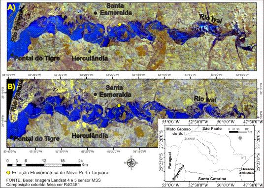 Imagens orbitais Landsat 4 e 5 sensor MSS nas datas de 15/06/1983 (A) e