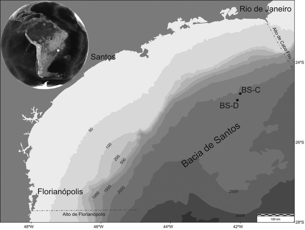 FERREIRA ET AL. ZONEAMENTO PALEOCLIMÁTICO DO QUATERNÁRIO DA BACIA DE SANTOS 175 Figura 1. Mapa de localização da bacia de Santos e dos testemunhos BS-C e BS-D (modificado de Nunes et al., 2004).