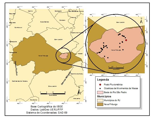 Mapa de cicatrizes dos deslizamentos das encostas e localização do posto pluviométrico na Bacia do Rio São Pedro em Nova Friburgo/R.