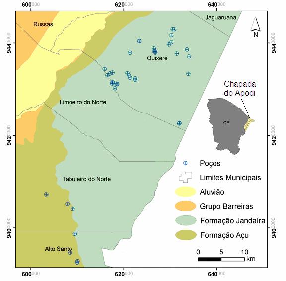 Figura 1. Localização da área de trabalho e localização dos poços amostrados.