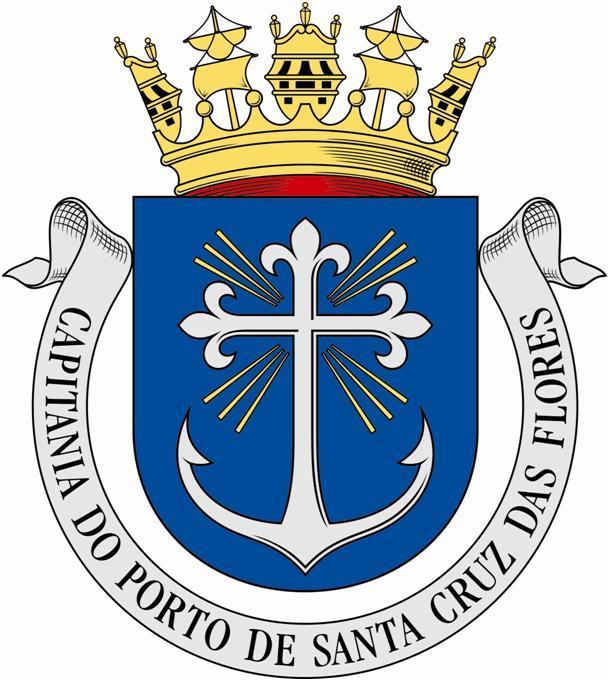 BRASÃO DE ARMAS DA CAPITANIA DO PORTO DE SANTA CRUZ DAS FLORES DESCRIÇÃO HERÁLDICA Escudo de azul com cruz flordelisada de prata, com o pé terminado em braços e unhas de âncora, acompanhada de doze